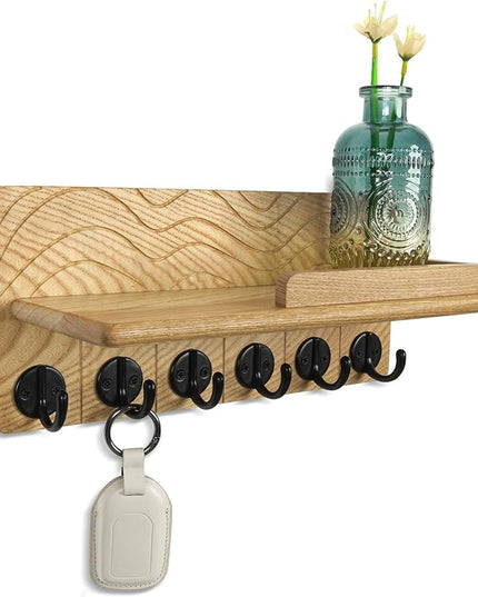 Qriosidy Key Holder Wall Decor-11.8" Solid Ash Wood Entryway Organizer with 6 Hooks & Extra Deep Storage Rack for Key, Mail, Wallet, Leash, Glasses, Hand-Polished & Stained, Easy-Assembly