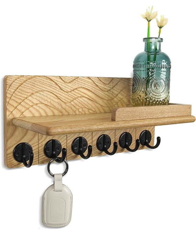 Qriosidy Key Holder Wall Decor-11.8" Solid Ash Wood Entryway Organizer with 6 Hooks & Extra Deep Storage Rack for Key, Mail, Wallet, Leash, Glasses, Hand-Polished & Stained, Easy-Assembly