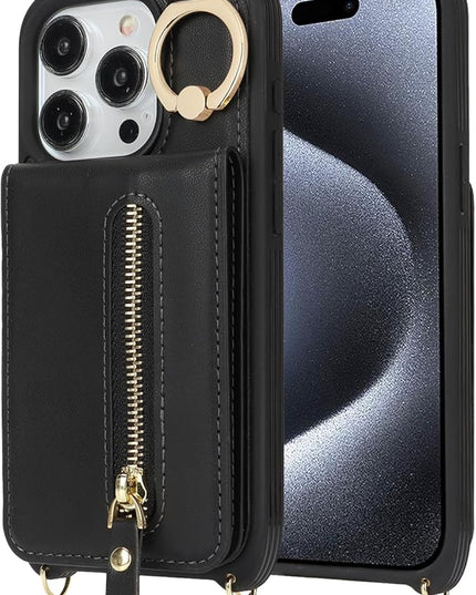 for iPhone 15 Pro Wallet Case with Card Holder, for iPhone 15 Pro Case Wallet with Strap Credit Card Slot, Crossbody Bag with Zipper Case for iPhone15 Pro - Black