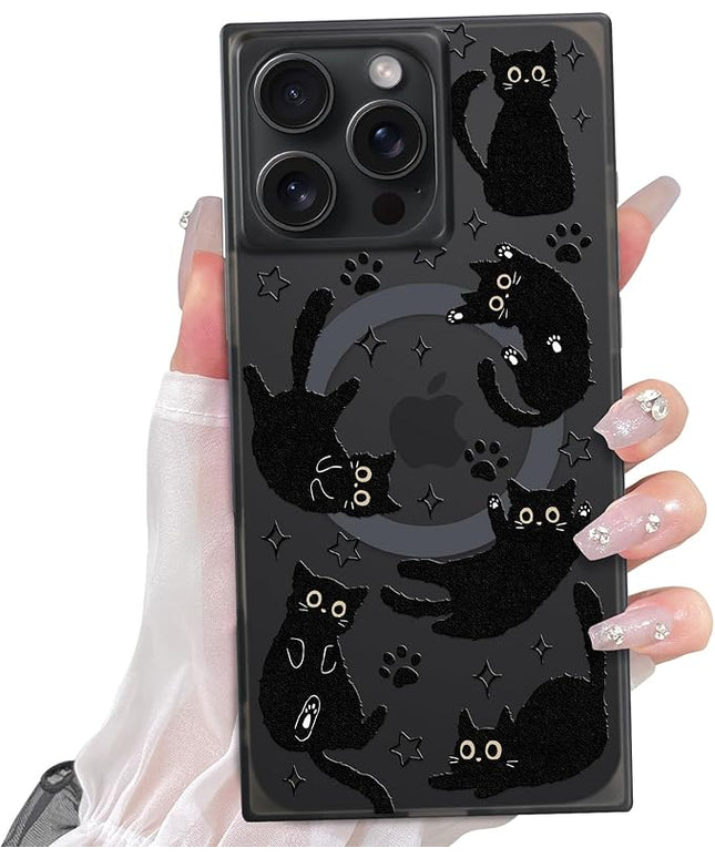 Cute Case for iPhone 16 Pro Case for Women Girls Boys [Compatible with Magsafe] Kawaii Black Cats Cat Pattern Design, Aesthetic Girly Animal Rectangle Magnetic Protective Phone Cover