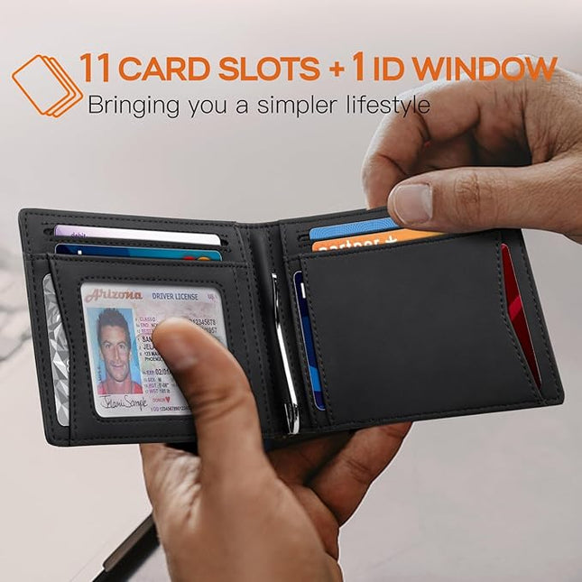 RUNBOX Slim Wallet for Men Genuine Leather RFID Blocking Bifold Minimalist Front Pocket Mens Wallet with Money Clip Thin Gift Box