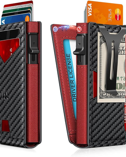 Ruiici Wallet for Men, Slim Minimalist Wallet with Money Clip＆ID Window, RFID Blocking Pop-Up Credit Card Holder, Smart Auminum Mens Wallet Holds 9-13 Cards (Gift Box) (Carbon Fiber & Red)