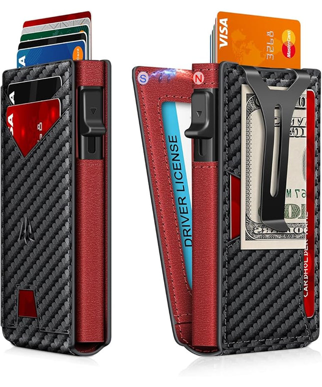 Ruiici Wallet for Men, Slim Minimalist Wallet with Money Clip＆ID Window, RFID Blocking Pop-Up Credit Card Holder, Smart Auminum Mens Wallet Holds 9-13 Cards (Gift Box) (Carbon Fiber & Red)