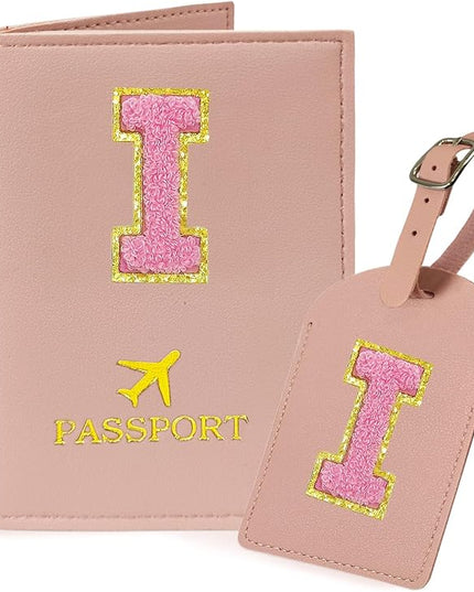 COSHAYSOO Initial Passport Cover Luggage Tag Set Letter Passport Holder Airplane Cruise Travel Essentials Vacation Traveling Accessories Personalized Gifts for Women Teen College Girls Pink I