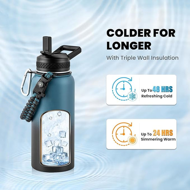 Insulated Water Bottle 32 oz, Triple Wall Vacuum Stainless Steel (Cold for 48 Hrs, Hot for 24Hrs), Leak Proof & Non-BPA, 32oz Hydro Water Flask with Paracord Handle & Straw Spout Lids
