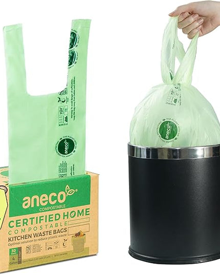ANECO 4 Gallon Compostable Food Waste Bags with Handles, Extra Thick Compost Bags for Medium Kitchen Garbage/Bathroom Bin, OK Compost HOME & BPI Certified Compostable Bags