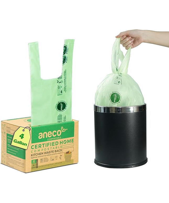 ANECO 4 Gallon Compostable Food Waste Bags with Handles, Extra Thick Compost Bags for Medium Kitchen Garbage/Bathroom Bin, OK Compost HOME & BPI Certified Compostable Bags