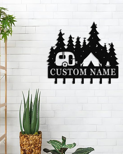 Nygu6Bja Personalised Metal Key Rack Hooks,Camp Theme Key Holder with Name,Custom Key Holder for Wall,Home Sweet Home Decor,Housewarming Gift Camp 2