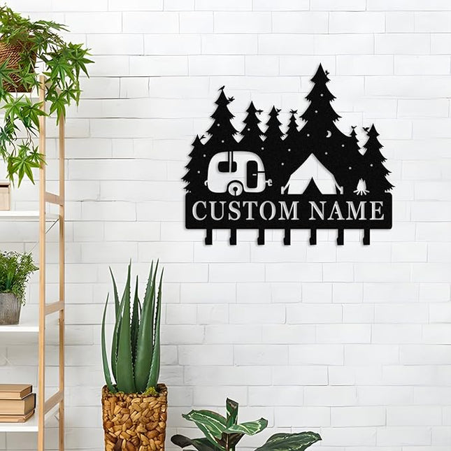 Nygu6Bja Personalised Metal Key Rack Hooks,Camp Theme Key Holder with Name,Custom Key Holder for Wall,Home Sweet Home Decor,Housewarming Gift Camp 2