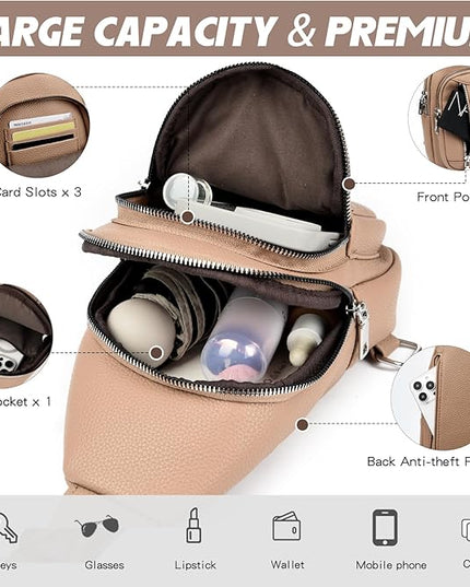 Sling Bag Crossbody Backpack - 2 in 1 Leather Cross Body Bag Fanny Pack with 2 Removable Straps