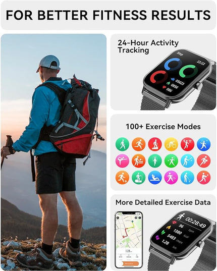 Smart Watch for Women Men, Fitness Tracker Watch for Android Phones iPhone Compatible, 1.85" Smart Watches for Women Men, 110+ Sport Modes Smartwatch (2 Strap)