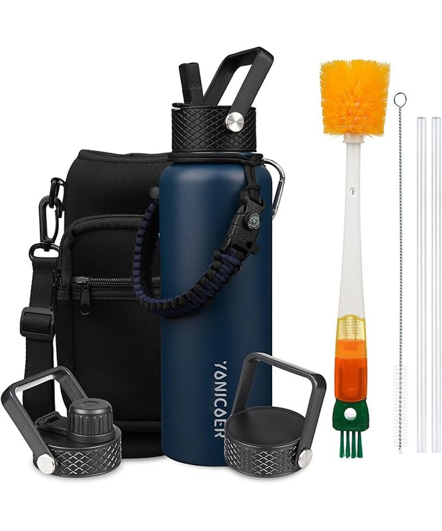 Insulated Water Bottle 40oz,Triple Wall Vacuum Stainless Steel(Dishwasher Safe),Leak Proof & Non-BPA,Flask Jug with Paracord Handle & Straw Spout Lids Sports Navy Blue