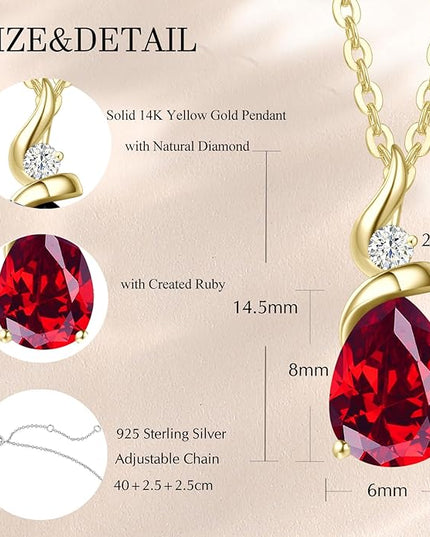 FANCIME 14K Solid Yellow Gold Birthstone Pendant Necklace for Women with Diamond Pear Shaped Teardrop Necklace Birthday Gifts for Mom Women Sterling Silver Chain 16" + 2" Extender