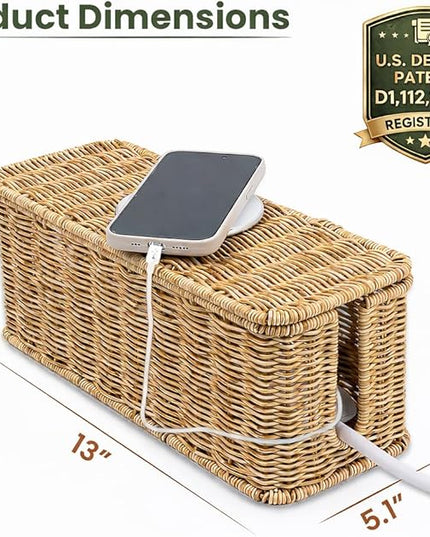 Cable Management Box, Handmade Rattan Cable Organizer with 2 Open Slots, Cord Hider for Power Strip, Router & USB Hub, Registered U.S. Design Patent (D1,112,102), 13" x 5.1" x 5.1", Natural