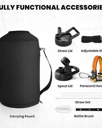 One Gallon Water Bottle Insulated, Triple Walled Vacuum Stainless Steel (Cold for 48 Hrs), Leak Proof & Non-BPA, Large Water Flask Jug with Paracord Handle & Straw Spout Lids