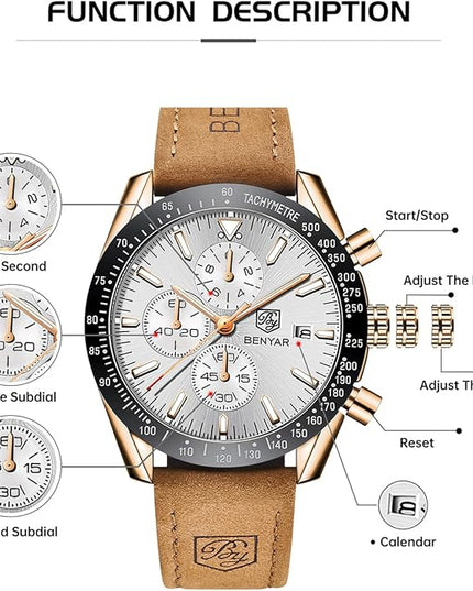 BY BENYAR Watch for Men Analog Quartz Chronograph Waterproof Luminous Designer Mens Wrist Watches Business Work Sport Casual Dress Watch with Silicone Strap Elegant Gifts for Men