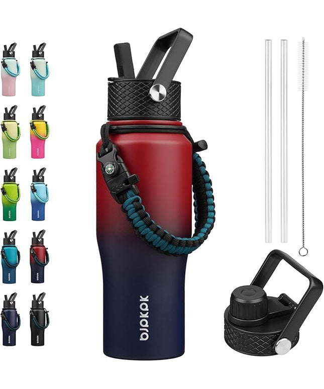 BJPKPK Insulated Water Bottles with Straw Lid, 23oz Metal Water Bottle with 2 lids & Paracord Strap, Double Wall Stainless Steel Vacuum Tumblers, Cups,Thermo for Hot& Cold Drinks,Charming Red