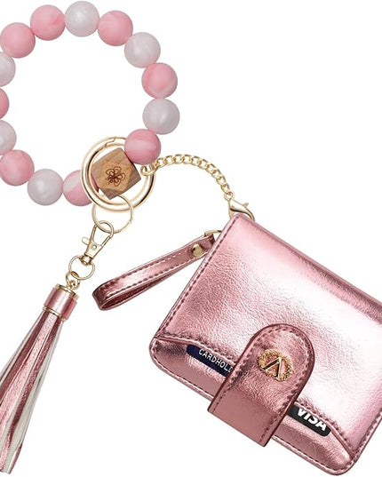 Multi-Purpose Wallet High Capacity Card Holder Zipper Coin Purse with Wristlet Bracelet Keychain Silicone Beaded Bangle Key Ring