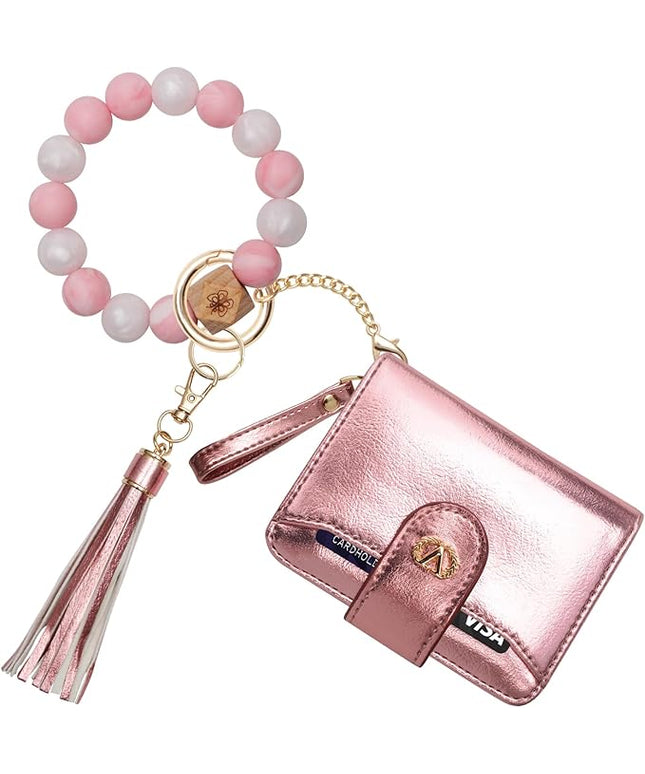 Multi-Purpose Wallet High Capacity Card Holder Zipper Coin Purse with Wristlet Bracelet Keychain Silicone Beaded Bangle Key Ring
