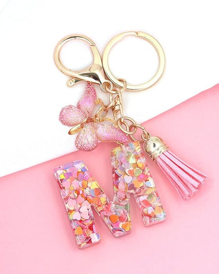 Fashion Alphabet Initial Letter Keychain Tassel Butterfly Pendant Key Ring for Purse Handbags Women Girl