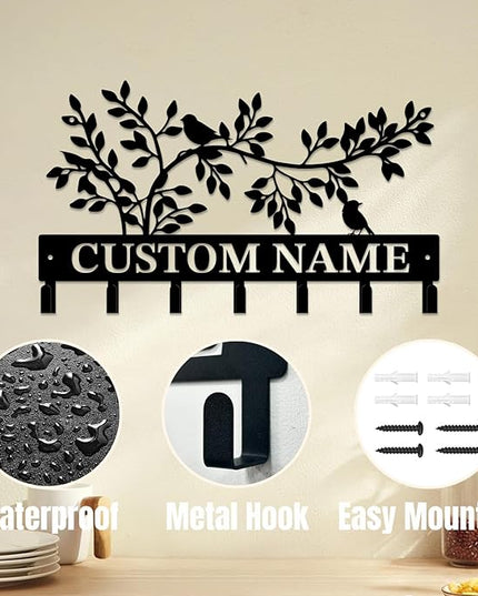 Personalized Custom Name Birds of Trees Wall Key Hooks,Metal Birds of Trees Art Clothes Hooks,Metal Birds of Trees Wall Home Storage Decorative,For Front Door, Hallway, Kitchen, Bedroom(Style A)