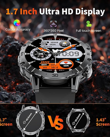 LIGE Smart Watches for Men 1000mAh Battery/LED Flashlight/3 Straps, 1.7" Ultra HD Screen Outdoor Smartwatch with 111 Sports Modes, Bluetooth Call 5ATM Waterproof Fitness Tracker Android iOS,Silicone