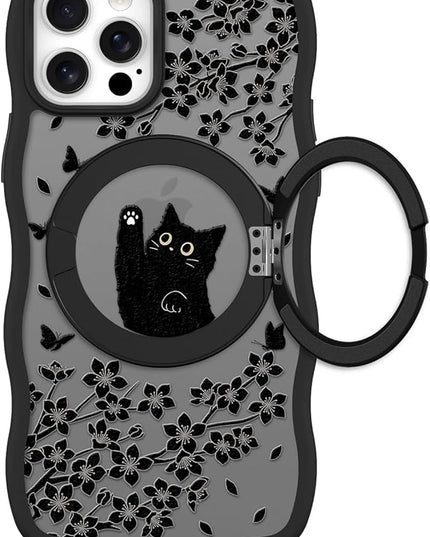 Wavy Case for iPhone 12 Pro Case with Stand [Compatible with MagSafe] Cute Black Cat & Floral & Butterflies Pattern Design, Kawaii 360 Magnetic Ring Kickstand Phone Cover for Women Girls
