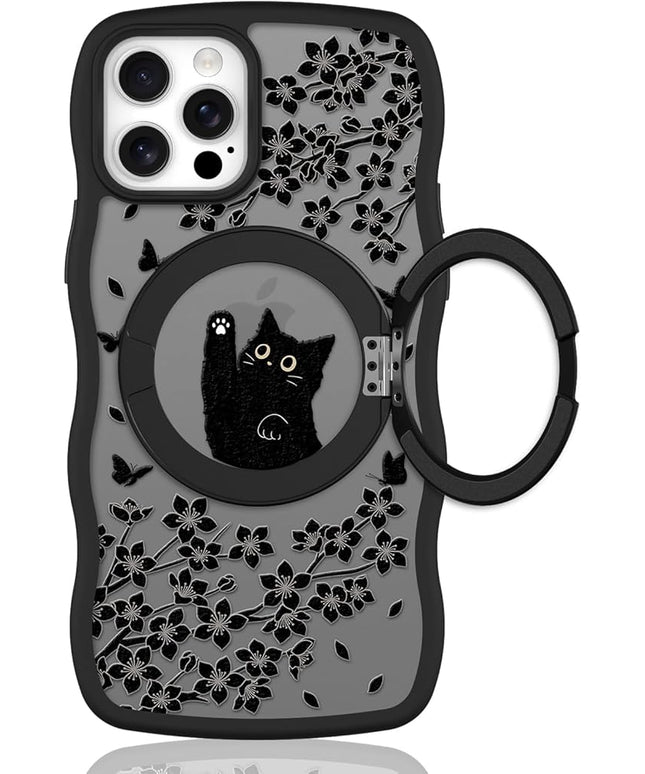 Wavy Case for iPhone 12 Pro Case with Stand [Compatible with MagSafe] Cute Black Cat & Floral & Butterflies Pattern Design, Kawaii 360 Magnetic Ring Kickstand Phone Cover for Women Girls