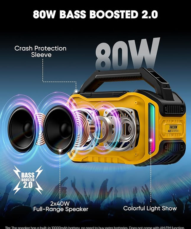 Speakers Bluetooth Wireless: 80W(Peak) Loud Speaker with Bass, 20H Playtime, IPX6 Waterproof, Large Jobsite Speakers for Work, Outdoor, Workshop, Garage, Portable Speaker with TWS (Yellow)