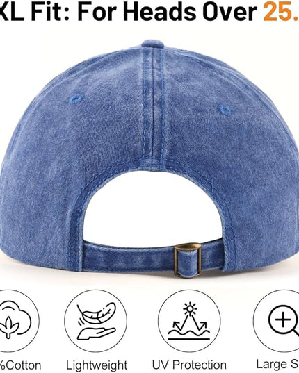 XXL Oversize Washed Denim Baseball Cap,Low Profile Jean Sports Cap for Big Heads 23.5"-25.5",Large Pigment Dyed Dad Hat