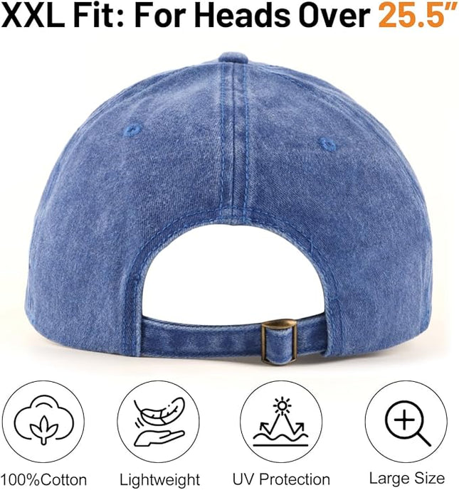 XXL Oversize Washed Denim Baseball Cap,Low Profile Jean Sports Cap for Big Heads 23.5"-25.5",Large Pigment Dyed Dad Hat