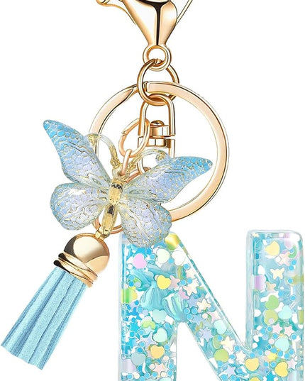 Fashion Alphabet Initial Letter Keychain Tassel Butterfly Pendant Key Ring for Purse Handbags Women Girl