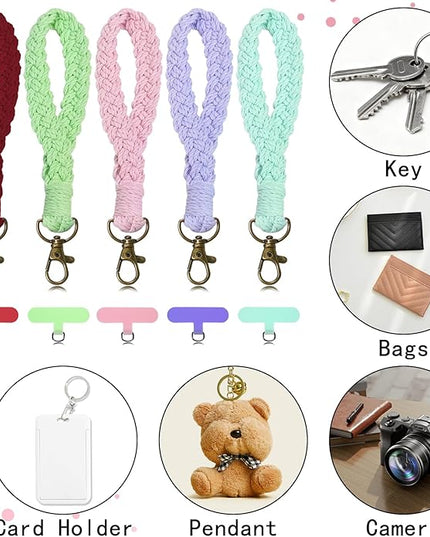 5PCS Phone Wrist Strap with 5PCS Tether Tab Keychain Wristlet Lanyard Cell Phone Wristlet Keychain for Women Boho Macrame Handmade Phones Lanyard Wrist with Tether Tab for Keys, ID