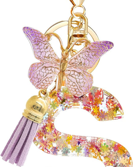 Fashion Alphabet Initial Letter Keychain Tassel Butterfly Pendant Key Ring for Purse Handbags Women Girl