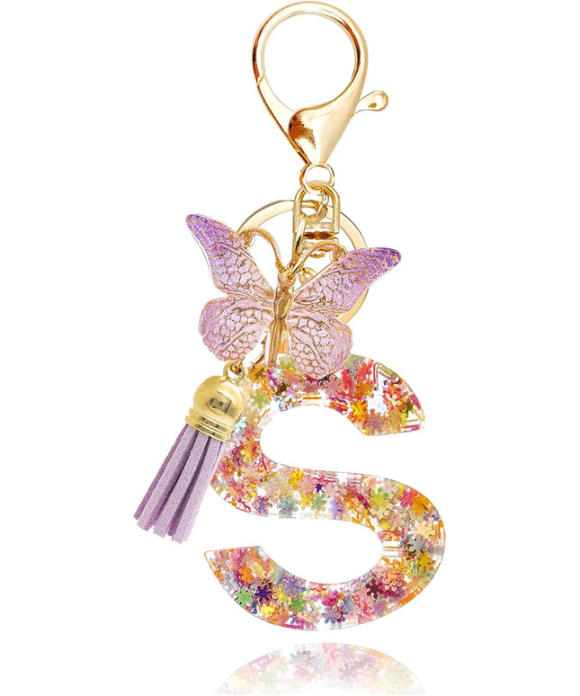 Fashion Alphabet Initial Letter Keychain Tassel Butterfly Pendant Key Ring for Purse Handbags Women Girl