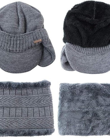 Winter Beanie w/Visor & Earflaps for Men Outdoor Fleece Hat Scarf Set