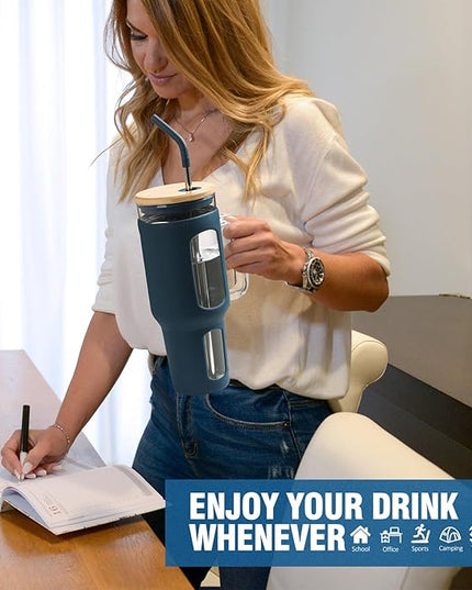 Glass Tumbler with Lid and Straw, 46 oz Iced Coffee Cup with Handle, Large Water Bottles with Silicone Sleeve, Glass Cup with Straws - Pearl Straw & Drinking Straw BPA Free-Blue