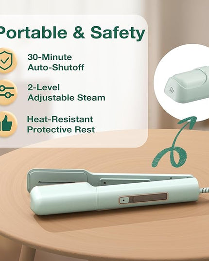 Newbealer 3in1 Clamp Travel Steam Iron with Global Voltage, 100-240V Clothes Steamer, Dry Ironing & 2 Steam Levels, Non-Stick Ceramic Soleplate, Auto-off, Self Cleaning, w/Detachable Clamp (Green)