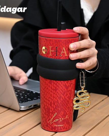 24 oz Tumbler with Lid and Straw, Insulated Coffee Mug Leak Proof, Portable Iced Travel Water Bottle, Reusable Thermal Coffee Cup, Gifts for Women, Red
