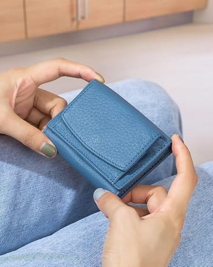 Mudono Small Wallet for Women Genuine Leather RFID Blocking Card Holder Minimalist Tri-fold Cash Wallet with Snap Coin Pouch