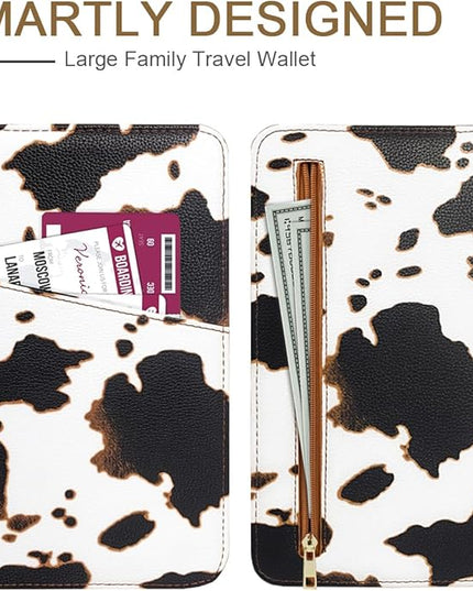 Family Passport Holder Wallet 6 Slots for Passport RFID Blocking Document Organizer PU Leather Mulit-purpose Travel Wallets Credit Cards Holder for Women Men, Brown Cow