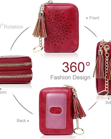 APHISON RFID Credit Card Holder Zipper Card Case Keychain Small Wallet for Women 1942-2 RED
