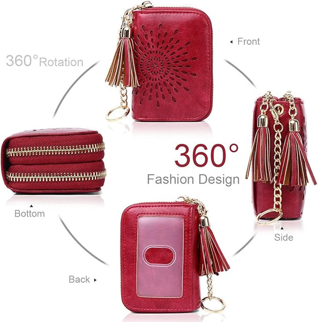 APHISON RFID Credit Card Holder Zipper Card Case Keychain Small Wallet for Women 1942-2 RED