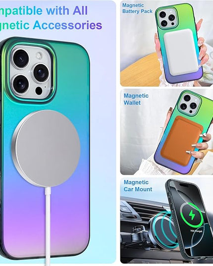 Aesthetic Case for iPhone 16 Pro Max Case for Women Girls [Compatible with Magsafe] Cute Girly Trendy Glitter Sparkly Rainbow Magnetic Protective Phone Cover, Matte Iridescent Blue & Green