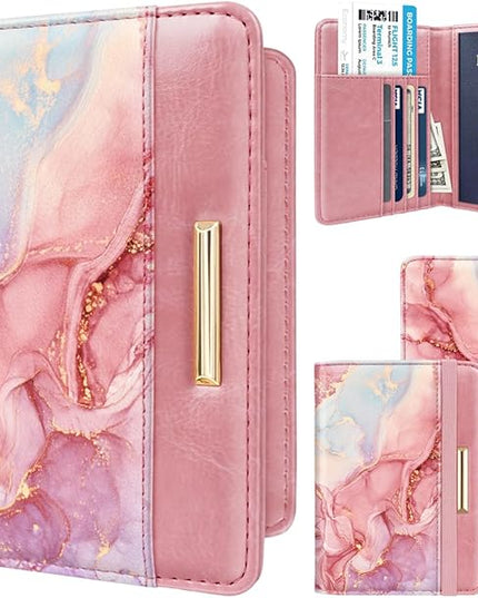 Passport Holder Cover Travel RFID Blocking Passport Cover Rose Gold Cute Flowers Passport Wallet with Elastic Band for Women