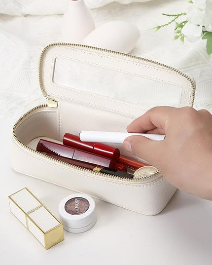 Aveniee Clear Makeup Brush Bag,Slim Cosmetic Brush Holder,Small Toiletry Bag Mini Travel Case for Women,Thin Make up Bags with Dual Zipper,Cute Travel Essentials Organizer,White