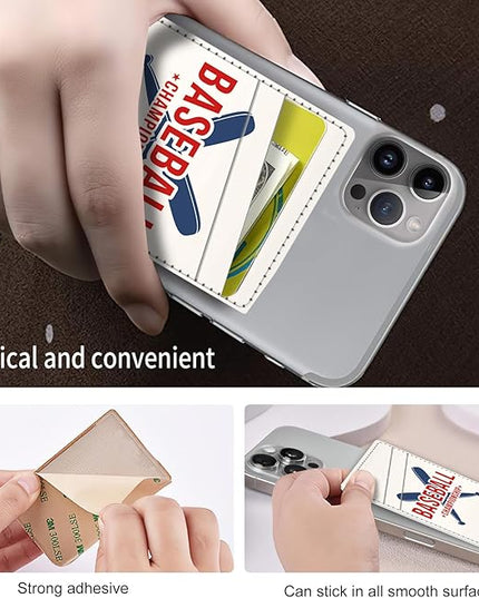 Phone Card Holder, Dual Pocket Leather Wallet Adhesive Stick On, Cute Credit Card Holder for Smartphones Case Compatible with Most Phone（Baseball bat）
