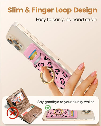 Shorogyt Compatible with Magsafe Wallet Magnetic Card Holder - Phone Wallets with Ring Grip Stand Cute Fashion for iPhone 17/16/15/14/13/12 Series for Women Girls Heart Row Design, Fit 3 Cards