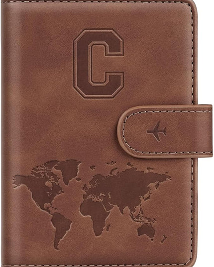 Passport Holder Wallet Cover Personalized Letter A-Z Travel Wallet RFID Blocking Passport Cover Wallet Case for Travel Passport Book Holders for Women and Men, Brown-C