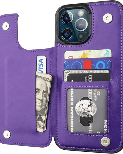 ONETOP Compatible with iPhone 13 Pro Max Wallet Case with Card Holder,PU Leather Kickstand Card Slots Case, Double Magnetic Clasp and Durable Shockproof Cover 6.7 Inch(Purple)